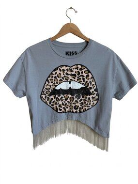 KISS Leopard Lips Fringe Crop Tee XS Gray Graphic Band Shirt Concert Y2K Punk